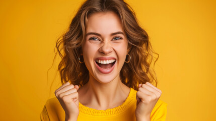 A woman in a yellow sweater is smiling and raising her hands in the air, is has a happy expression on her face. A lady shout loud yeah fist up raise win lottery isolated bright shine color background
