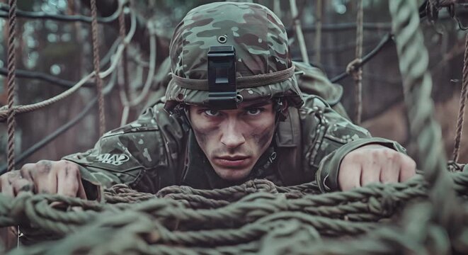 Soldier in training, navigating an obstacle course,