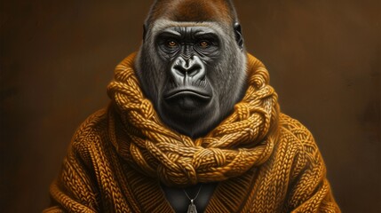 A gorilla wearing a sweater and necklace with an eye patch, AI