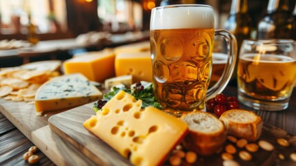 Naklejka na ściany i meble A table with a glass of beer and cheese on it, AI
