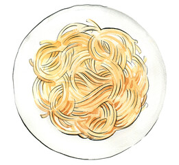 Pasta painted watercolor on a white background. Colorful sketch of food. Italian food.  - 779937861