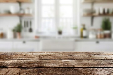 Rustic wooden table top with blurred white kitchen background, food photography