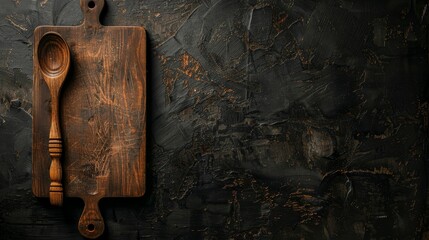Abstract food background Top view of dark rustic kitchen table with wooden cutting board and cooking spoon, frame Banner or template with copy space for your design Kitchen utensils objects