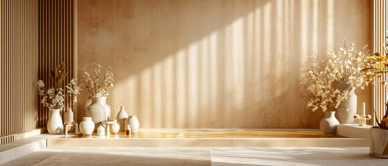 Beige mockup with empty concrete wall, vase with dry flowers. Sunlight shadows effect. Generative ai