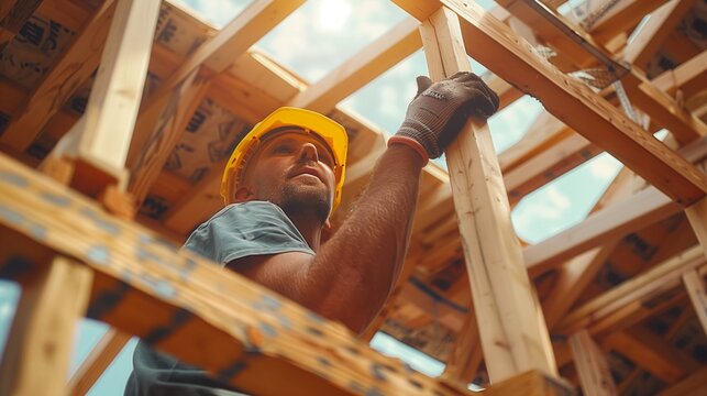 Builder Working on Wooden House Construction