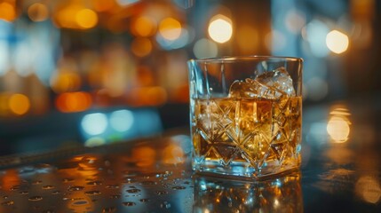 Scotch whiskey in a glass with ice cubes - obrazy, fototapety, plakaty