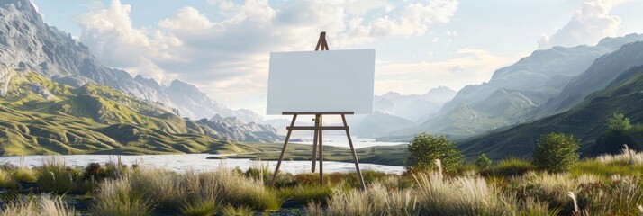 Blank white canvas mockup on an easel against the backdrop of a landscape with hills - obrazy, fototapety, plakaty
