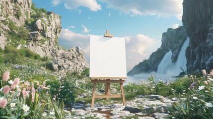 Blank white canvas on an easel among a stunning natural landscape with high cliffs
