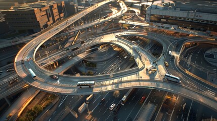 Expansive transport interchange, featuring a network of highways, bridges, and tunnels seamlessly...