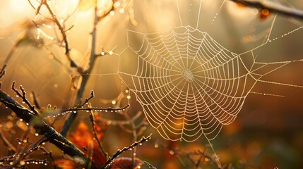 the intricate web spun by a golden silk orb-weaver spider, its shimmering threads glistening with morning dew. - obrazy, fototapety, plakaty