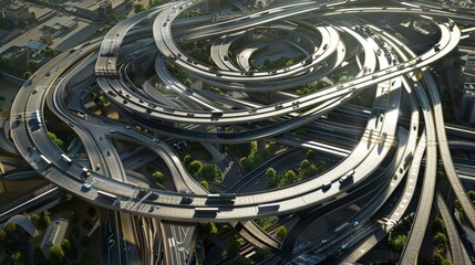 Expansive transport interchange, featuring a network of highways, bridges, and tunnels seamlessly connecting various modes of transportation