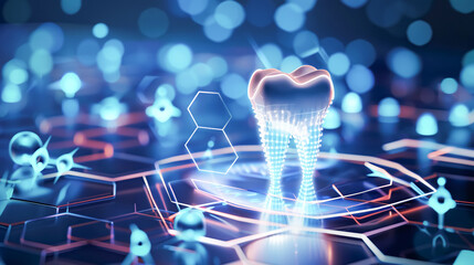 Tooth mockup with technological elements against glowing neon digital data background. The concept of advertising dentistry, hygiene and dental health, advanced technologies in medicine - obrazy, fototapety, plakaty