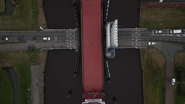 Aerial video of cargo ships in Appingedam Netherlands