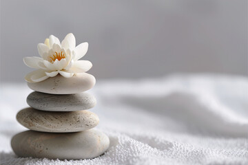 Zen Spa Harmony: Still life with spa stones, white flower, and orchid, promoting relaxation and...