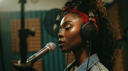 Focused black female standing and recording song near microphone equipment in studio - obrazy, fototapety, plakaty