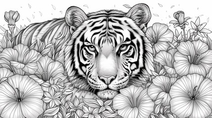 Obraz premium A tiger is surrounded by flowers in a coloring page, AI