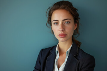 A woman in a suit stands in front of a blue wall