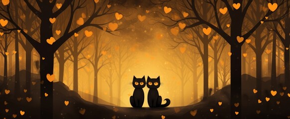 thankful black cats with heart hands emoji on a golden forest background