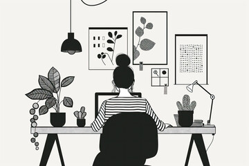 Woman designer working at home, back view, monochrome illustration - 779939431