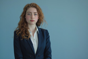 A woman with red hair is wearing a blue jacket and white shirt