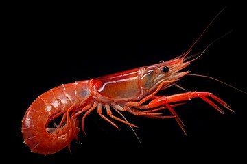 Vivid Sea shrimp on black background. Delicious meal seafood dinner healthy. Generate Ai