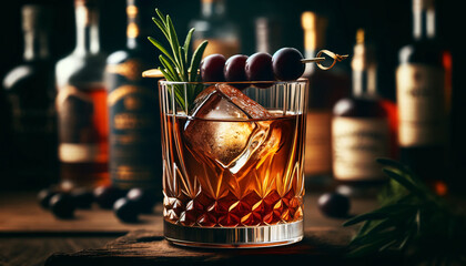 A sophisticated cocktail in a lowball glass. The drink have a deep amber hue, reflecting the light