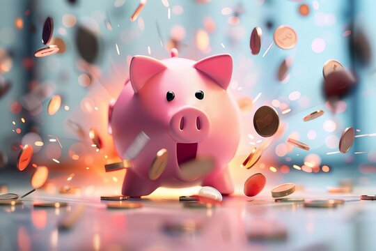 Surprised pink piggy bank exploding, coins flying in all directions, financial crisis or unexpected expense concept, 3D rendering with motion blur
