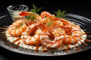 Appetizing Shrimp spicy sauce dish. Chinese food. Generate Ai