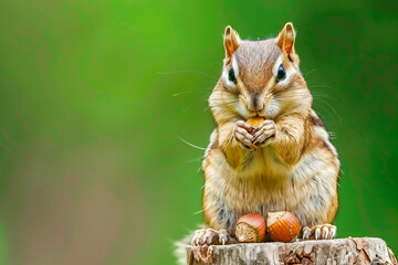 Eastern chipmunk perched on a stump eating acorns with blurry green background