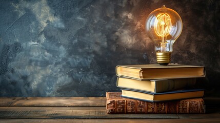 A stack of books next to an energy-efficient light bulb, representing the enlightenment and creativity gained through sustainable practices - obrazy, fototapety, plakaty