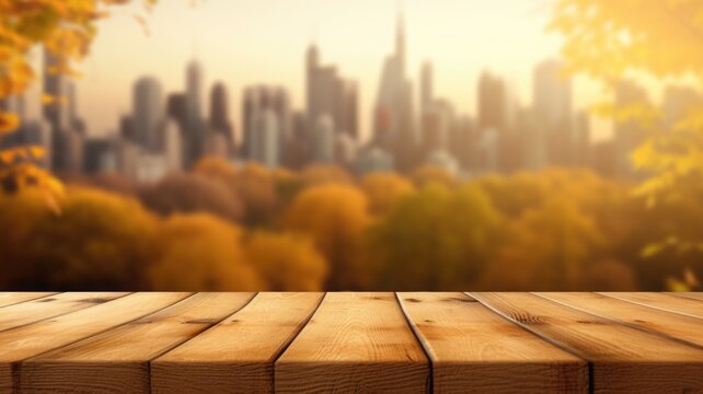 The empty wooden table top with blur background of nature skyline in autumn. Exuberant image. generative AI