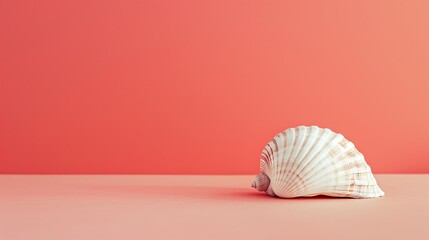 A solitary seashell placed elegantly on a tranquil coral-colored background - obrazy, fototapety, plakaty