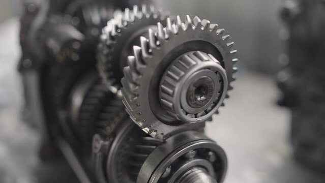 Vehicle transmission gearbox. Automobile transmission gearbox in sections, close up detail view, selective focus