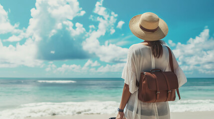 A woman wearing a straw hat and a white dress is standing on a beach. She is holding a brown bag and looking out at the ocean. Concept of relaxation and leisure