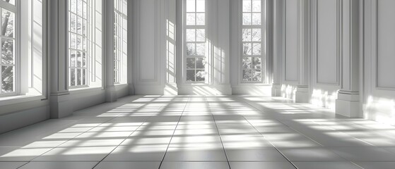 3D rendering of an empty white room with sunlight and shadows. Concept 3D Render, Empty Room, Sunlight, Shadows, White Room