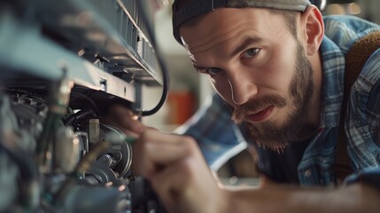 Obraz premium Heat pump or HVAC electronics technician mechanic professional installing or repairing air conditioning unit indoors in summer