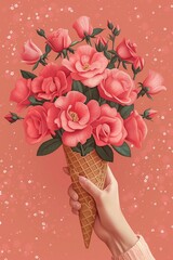 Female hand holding a rose bouquet in waffle cone, floral fantasy on coral backdrop