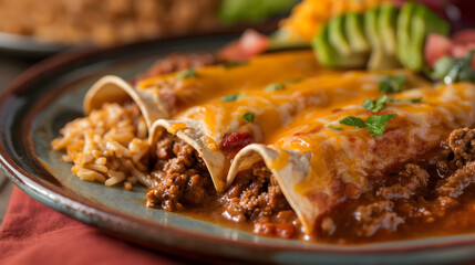 Delicious Homemade Beef and Cheese Enchiladas in Baking Tray - obrazy, fototapety, plakaty