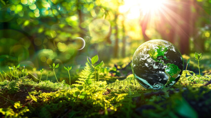  Earth Day - Environment - Green Globe In Forest With Moss And Sunlight