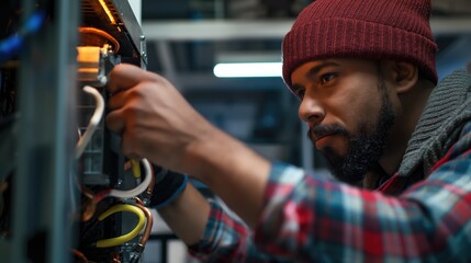 Heat pump or HVAC electronics technician mechanic professional installing or repairing air conditioning unit indoors in summer