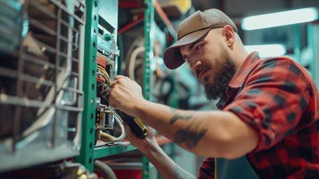 Heat pump or HVAC electronics technician mechanic professional installing or repairing air conditioning unit indoors in summer