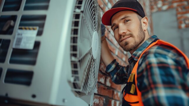 Heat pump or HVAC electronics technician mechanic professional installing or repairing air conditioning unit indoors in summer