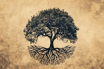Tree of life with intricate root system, nature-inspired illustration