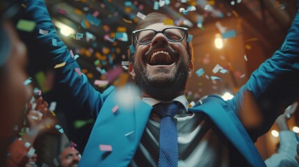 a man in a suit and tie with confetti falling in the air - obrazy, fototapety, plakaty
