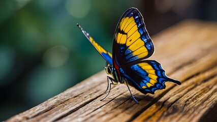 Fototapeta na wymiar butterfly on wood. a blue and yellow butterfly sitting on top of a wooden table, a macro photography
