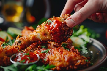 Captivating close-up shot of a person's hands dipping a crispy fried chicken leg into tangy sauce - obrazy, fototapety, plakaty