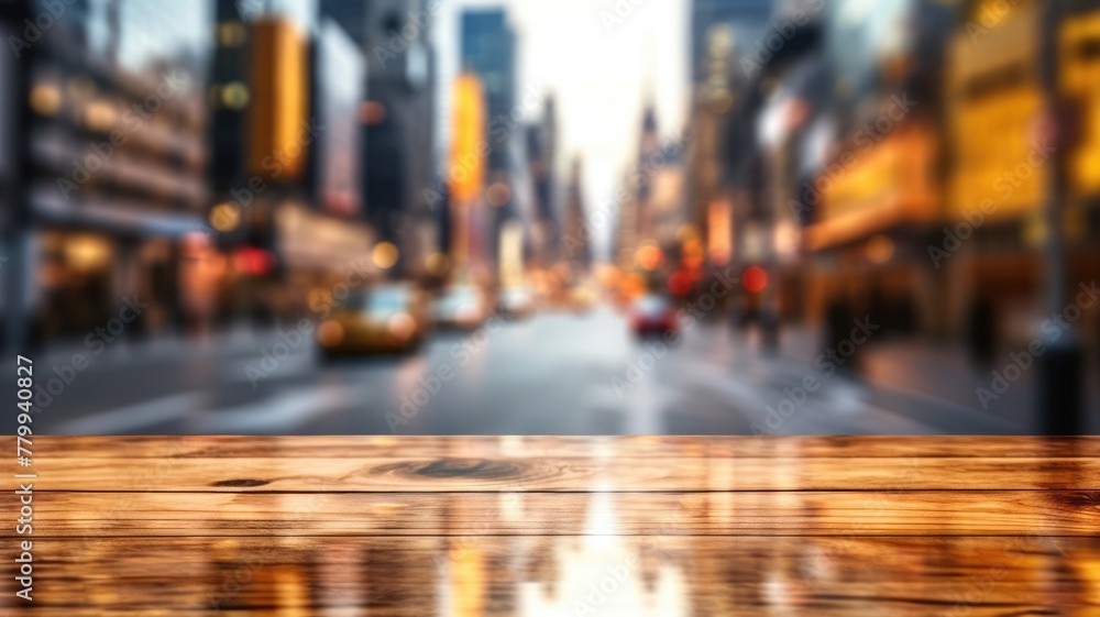 Aufkleber the empty wooden table top with blur background of nyc street. exuberant image. generative ai
