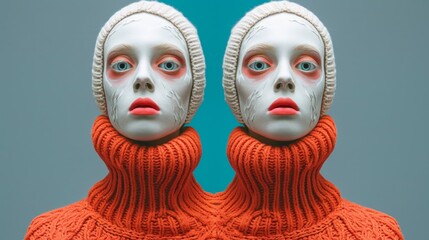 Two white dolls with orange sweaters are shown in a mirror, AI