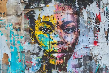 Urban graffiti collage with African woman portrait, colorful paint splashes and grungy newspaper textures, mixed media street art