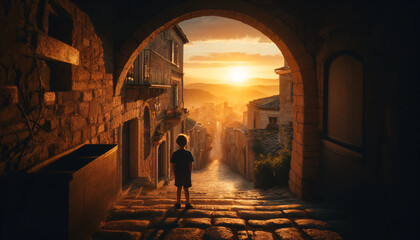 Fototapeta premium The charm of an old European town at sunset. The view is framed by a stone archway leading to a cobblestone street